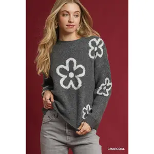 Umgee Round Neck Sweater with Floral Accents
