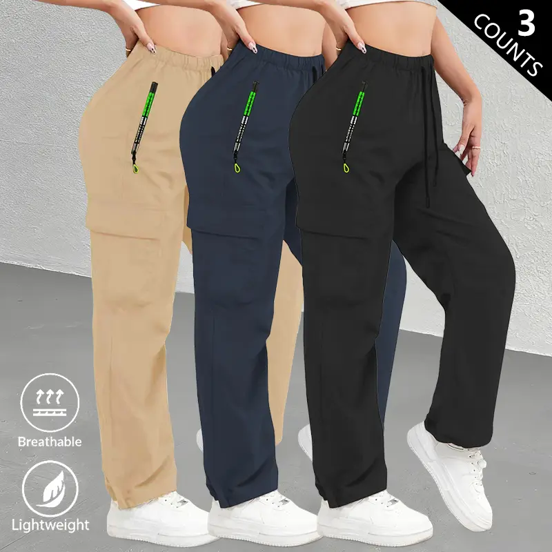 3-Pack Women’s Cargo Pants Set with Practical Zipper Pockets — includes cargo shorts and long pants; casual workwear for all seasons, outdoor sports, running, and everyday wear