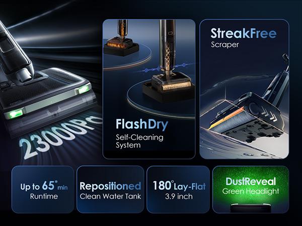 Tineco FLOOR ONE S7 Master Wet Dry Vacuum Cleaner, StreakFree Scraper, 3.9inch Ultra-Slim Body, 23kPa Suction, Flashdry Self-Cleaning System, 150° DustReveal Green Headlight