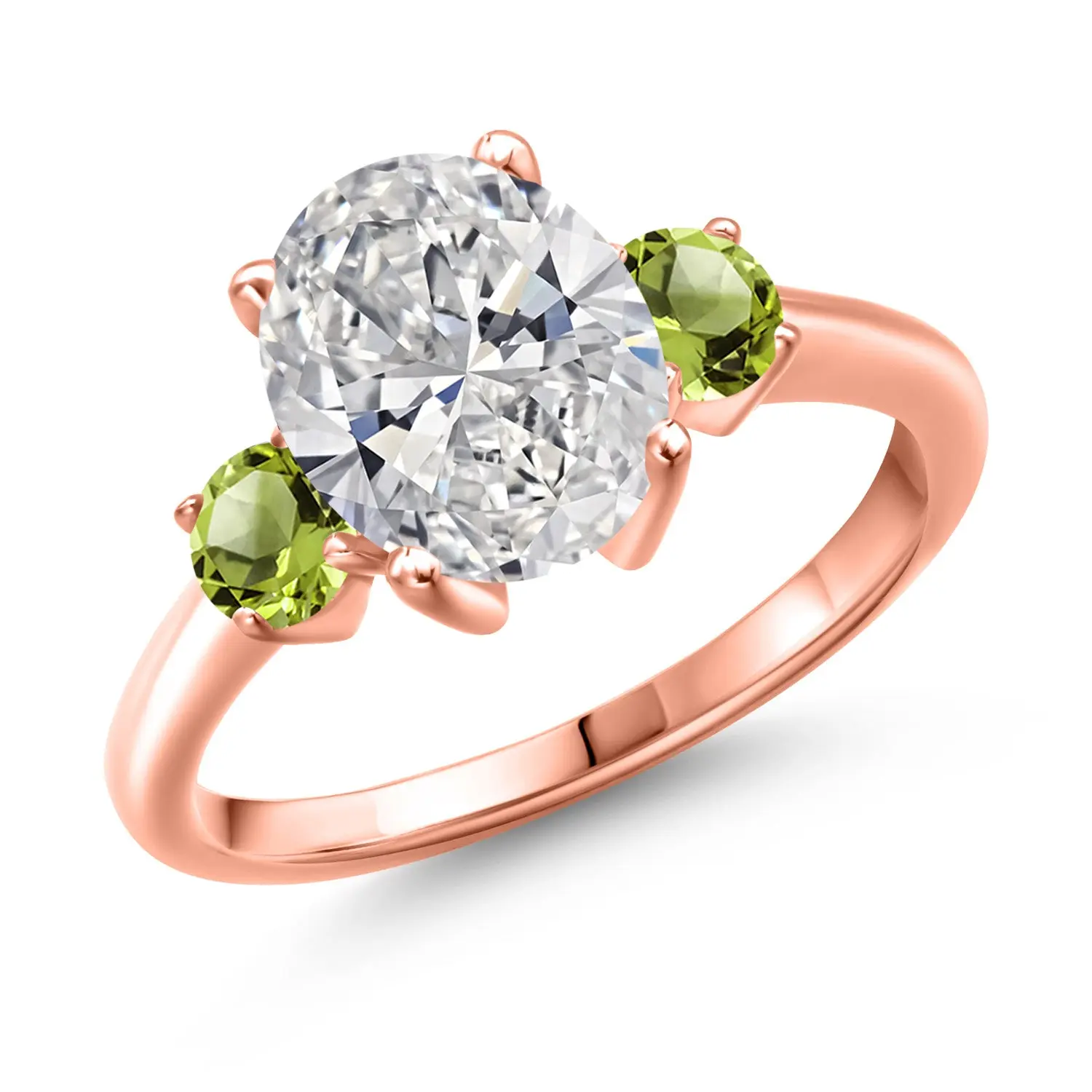 2.60 cttw IGI Certified Lab Grown Diamond and Green Peridot 3-Stone Engagement Ring For Women | 18K Rose Gold Plated Silver | Center 2.00 Ct Diamond | D-E Color | VS1-VS2 Clarity