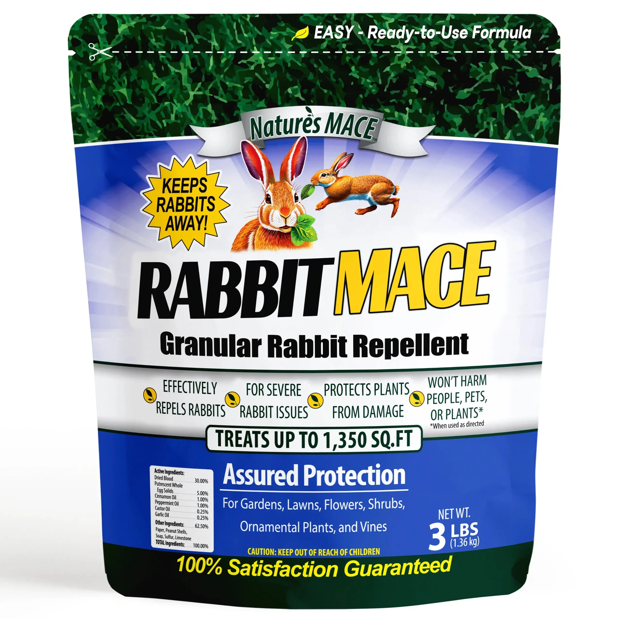 Rabbit MACE Granular Rabbit Repellent - Safe & Effective Formula for Gardens, Lawns, Flowers, Shrubs, and Plants - 1.350 SQ.FT Treated Area