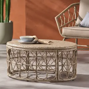 Coffee Table, Boho Rattan with Wicker Weave Top and Loop Design, for Outdoor Patio, Brown
