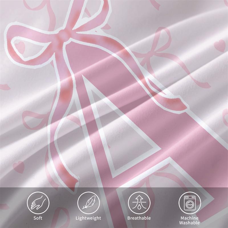 Pink Bow Print Bedding Set, Fashion A-Z Letter Print Design, Includes 1 Duvet Cover and 1/2 Pillowcase, No filling/Zipper Closure, Perfect Creative Bedroom Decoration Kit for Girls, Full Size, Bedsheet Sets