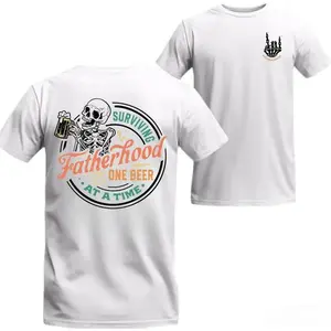 Surviving Fatherhood T-Shirt Skeleton with Beer Graphic One Beer at a Time Quote Funny for Dads Unisex Cotton Menswear Top