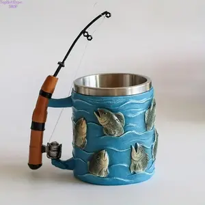 Fishing-Themed 3D Resin Coffee Mug with Fishing Rod & Fish Design, Durable Stainless Steel Liner, Novelty Coffee Cup, Unique Gift for Anglers and Fishing Enthusiasts, Fun Outdoor and Home Beverage Accessory
