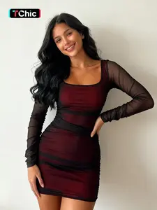 Women's Elegant Plaid Bodycon Dress, Long Sleeve Mesh Knit Fall & Winter Party Gown, Slim-Fit Evening Wear, Perfect for Special Occasions