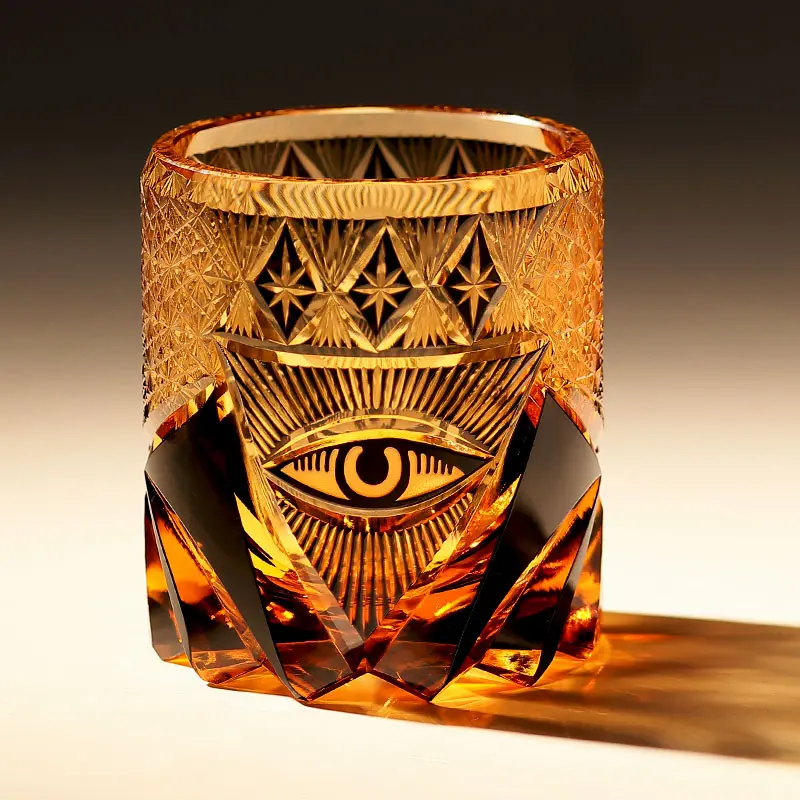 JP-014 Handcrafts Heavy Edo Kiriko's Whiskey GlassTumbler Black Amber With Hand Engraved God's Eye Design In Gift Box Amber And Black / Height:90 mm Top diameter:80 mm / Color cased Glass
