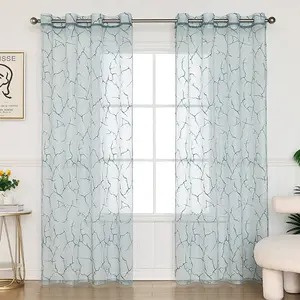 New Transparent Tree Branch Leaf Sheer Curtains, Simple Country Style Half Light Blocking Mosquito Netting for Living Room Balcony Decor Net Curtain Window