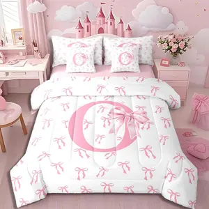 7 Piece Cute Princess Comforter Set,Pink Monogram Bowknot Bedding Set for Kids Girls Modern Simple Bow Knot Bed in a Bag Alphabet Letter O Sheet Set with Comforter