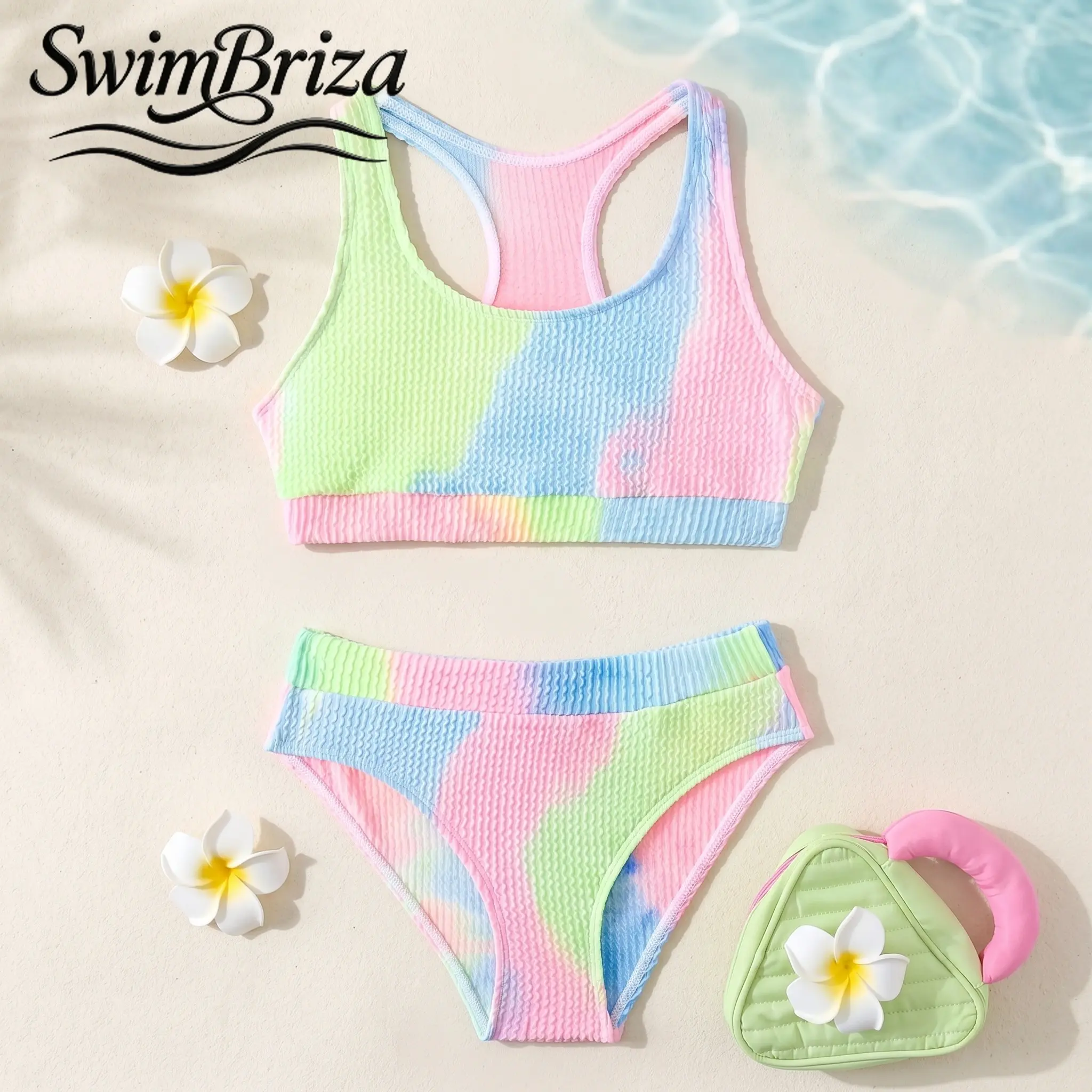 Briza｜Girls Crinkle Tie Dye Bikini Set Pastel Pink Blue Green High Waisted Two-Piece Swimsuit Cute Bathing Suit for Kids Beach Pool Vacation Summer Swimwear, Girls Swimwear, Kids Bathing Suit, Two Piece Bathing Suit, Beach Pool Summer Vacation