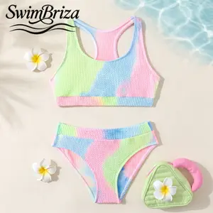 Briza｜Girls Crinkle Tie Dye Bikini Set Pastel Pink Blue Green High Waisted Two-Piece Swimsuit Cute Bathing Suit for Kids Beach Pool Vacation Summer Swimwear, Girls Swimwear, Kids Bathing Suit, Two Piece Bathing Suit, Beach Pool Summer Vacation