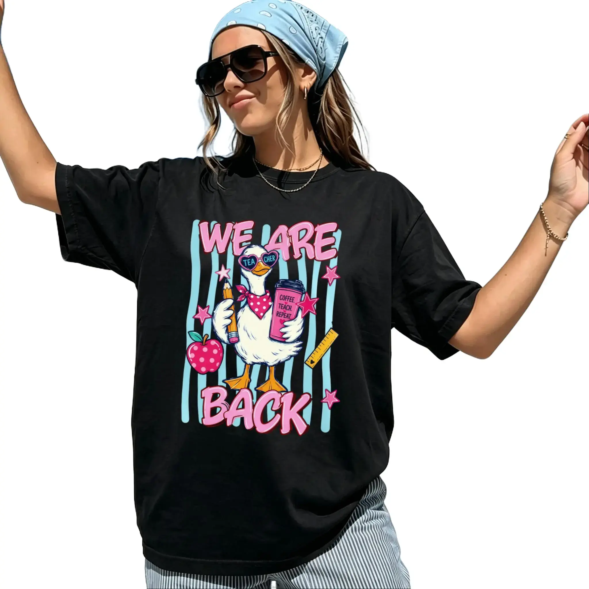 We Are Back Teacher Shirt Preppy Back To School Graphic Tee Funny Goose Holding Drink Cartoon T-Shirt Crewneck Short Sleeve Casual Womens Top Birthday Gift Holiday Gift