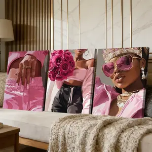 3 Counts Wooden Framed Canvas Painting, Pink Queen Fashion Beauty Style Images, Exquisite Poster, Perfect Living Room Decoration, Modern Art, Fashion Family Poster, Wall Art Decoration, Waterproof Art