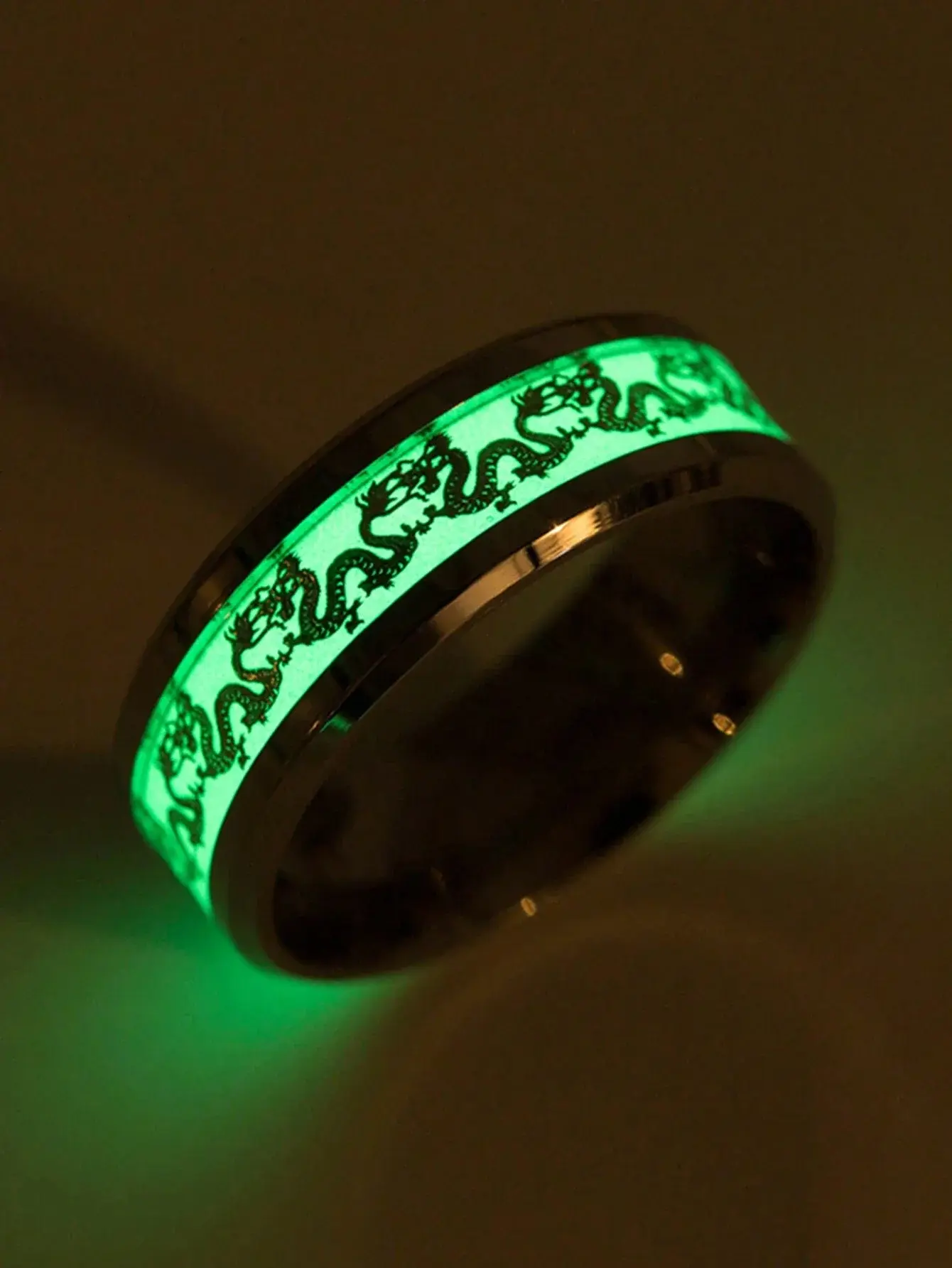 Luminous Dragon Stainless Steel Ring for Men – Glow in the Dark Chinese Dragon Wedding Band, Gothic Fashion Jewelry