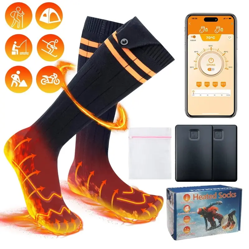 Unisex Adult Heated Ski & Snowboarding Socks, Rechargeable Electric Full Foot Heating Outdoor Wear with 2 x 5000mAh 5.0V Batteries, Button-Safe Pocket, Washable Waterproof, 30-39cm Modal Yarn Core Sports Accessories (35~65°C)
