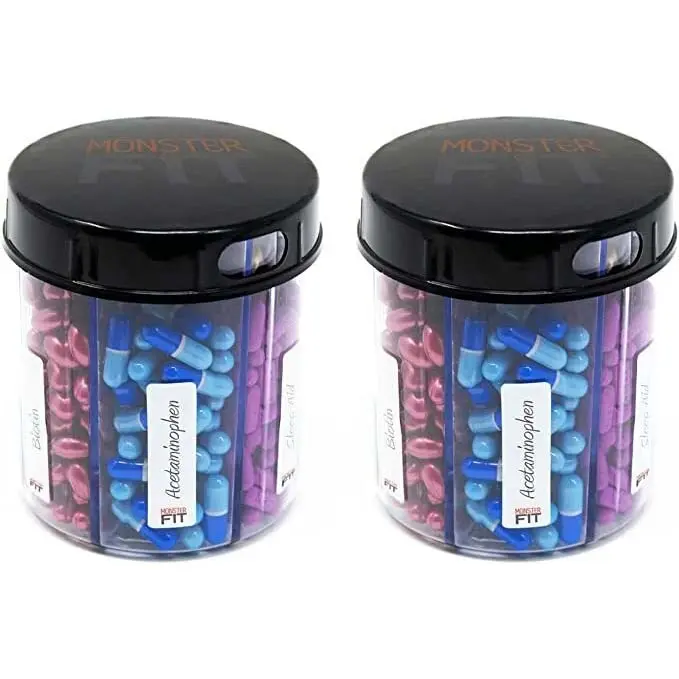 Monster Jr Acrylic Pill Dispenser - 2 Packs, Prop 65 Safe, Label Slots, Works for Athletic Use, Holds Vitamins, Meds, Capsules/Tablets, Set
