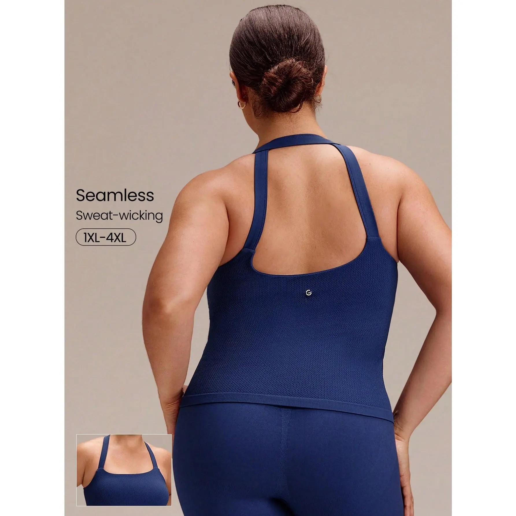 GLOWMODE Plus Size Ultrafine Soft Seamless Soak Up The Sun Square Neck Open Back Removable Cups Tank Top Training Running Workout Gym Fitness Active Wear