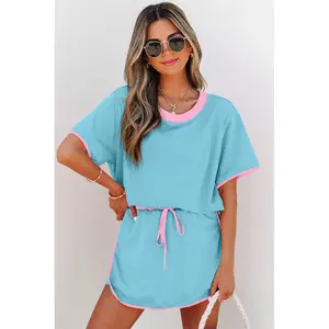 Turquoise Colorblock Edge Drop Shoulder T Shirt and Skort 2Pcs Set