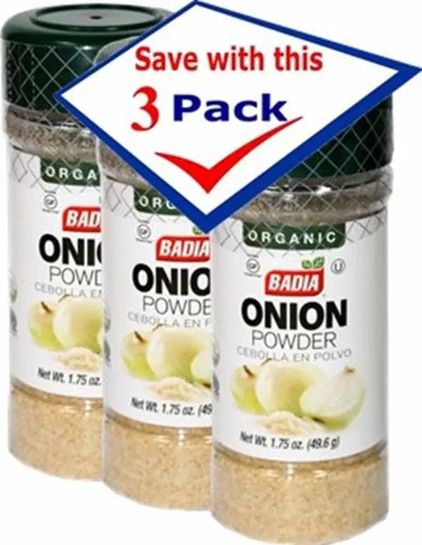 BADIA Organic Onion Powder - 1.75oz Pack of 3, US-Sourced Garlic-Infused Dry Spice, Kosher Clean Natural Ingredient Seasoning, Cooking Baking Spice Flavor Enhancer, Nationwide Shipping