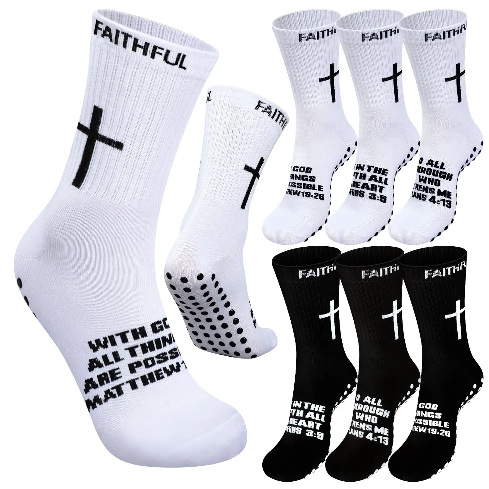 6 Pairs Cross Grip Socks Christian Anti-Slip Socks Soccer Bible Verse Athletic Socks for Youth Men Women's Outdoor Sports Comfortable Fit