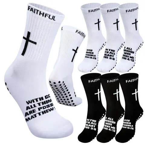 6 Pairs Cross Grip Socks Christian Anti-Slip Socks Soccer Bible Verse Athletic Socks for Youth Men Women's Outdoor Sports Comfortable Fit