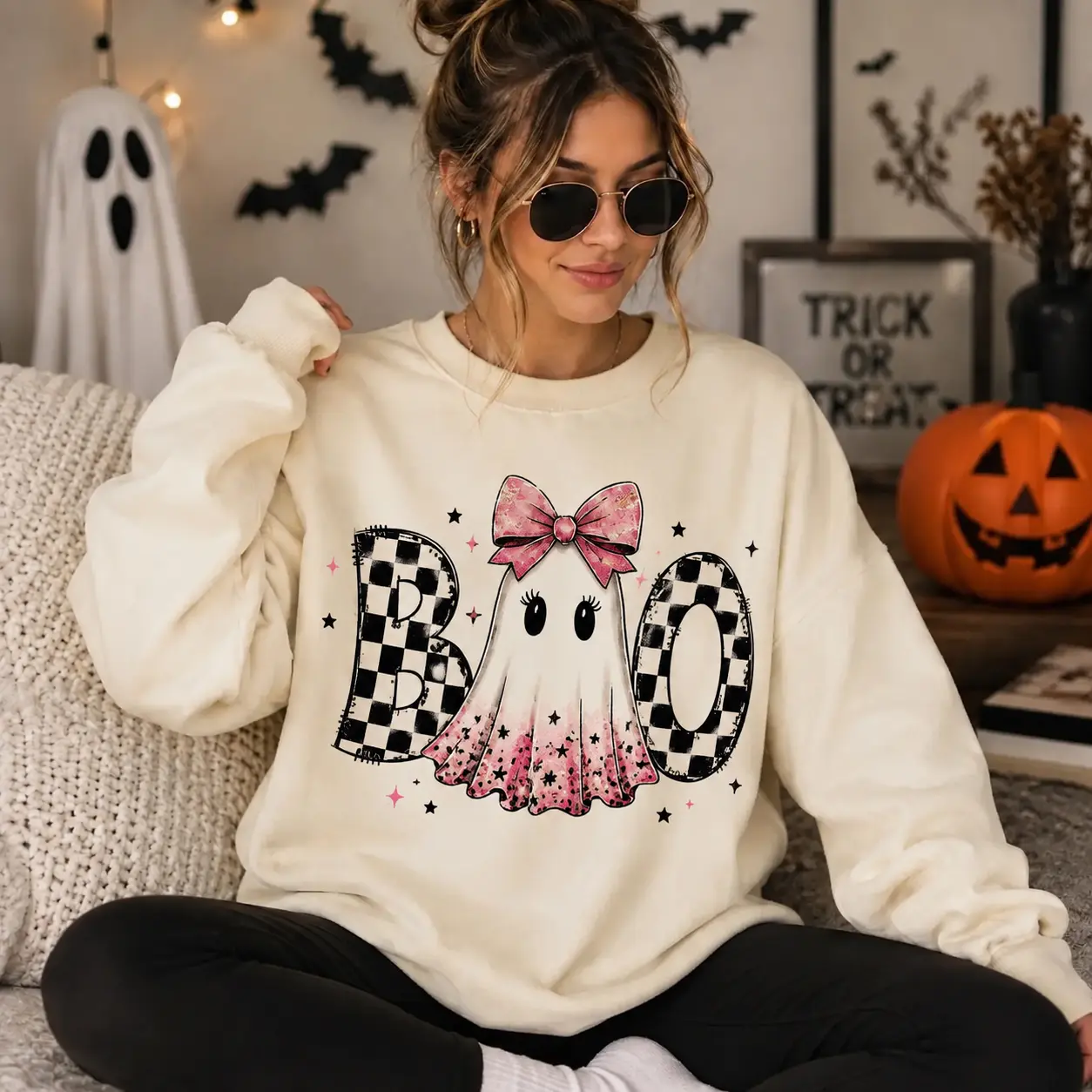 Boo Ghost Leopard Sweatshirt, Pink Bow Ghost Halloween Crewneck, Coquette Halloween Sweatshirt, Cute Spooky Season Sweater, Vintage Fall Gift