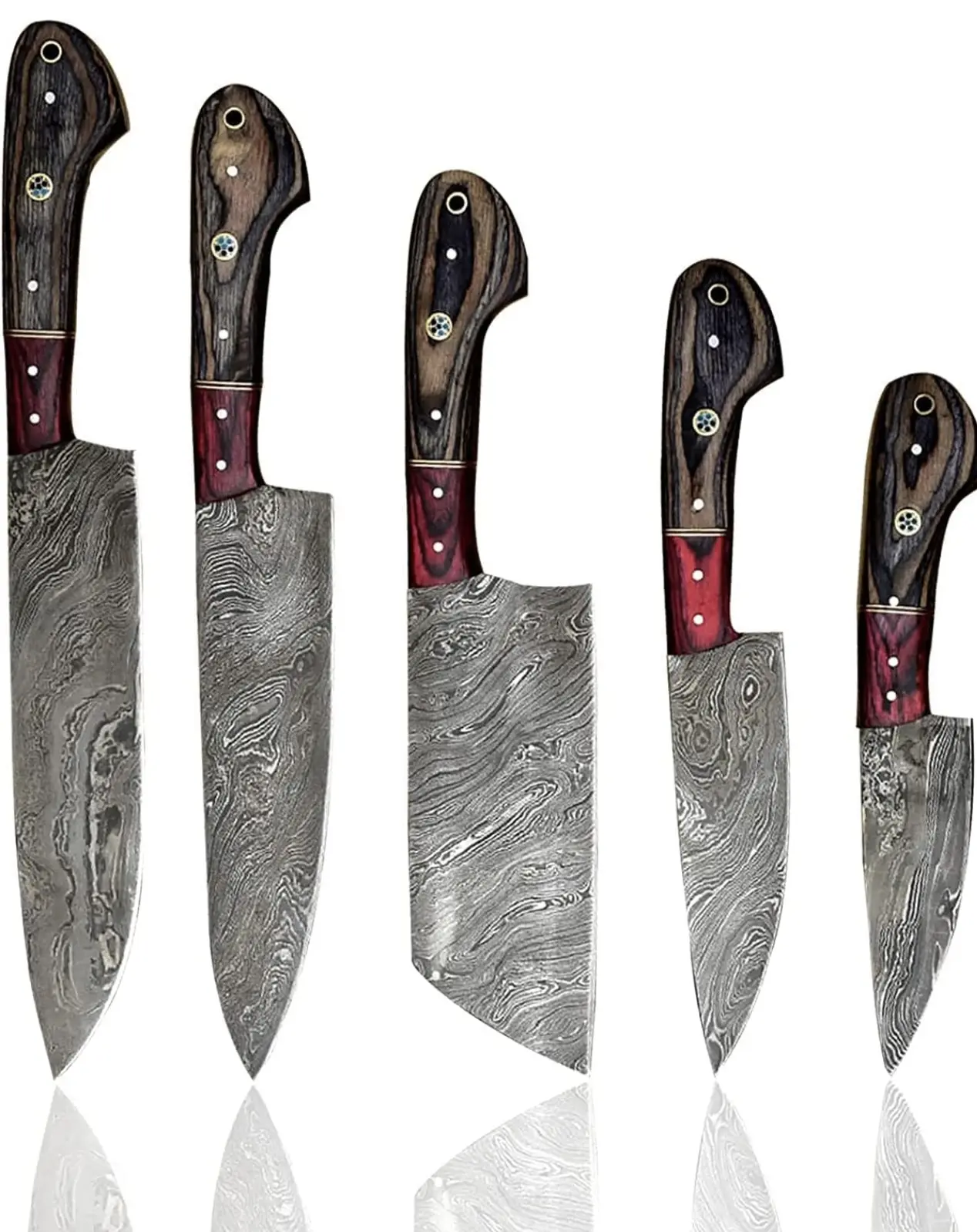 Handmade Damascus Steel Chef Knife Set Of 5Pcs With Knife Cover, Kitchen Knives Set, HandForged Knife Set, Chef Knife Set, Wood