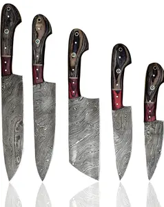 Handmade Damascus Steel Chef Knife Set Of 5Pcs With Knife Cover, Kitchen Knives Set, HandForged Knife Set, Chef Knife Set, Wood