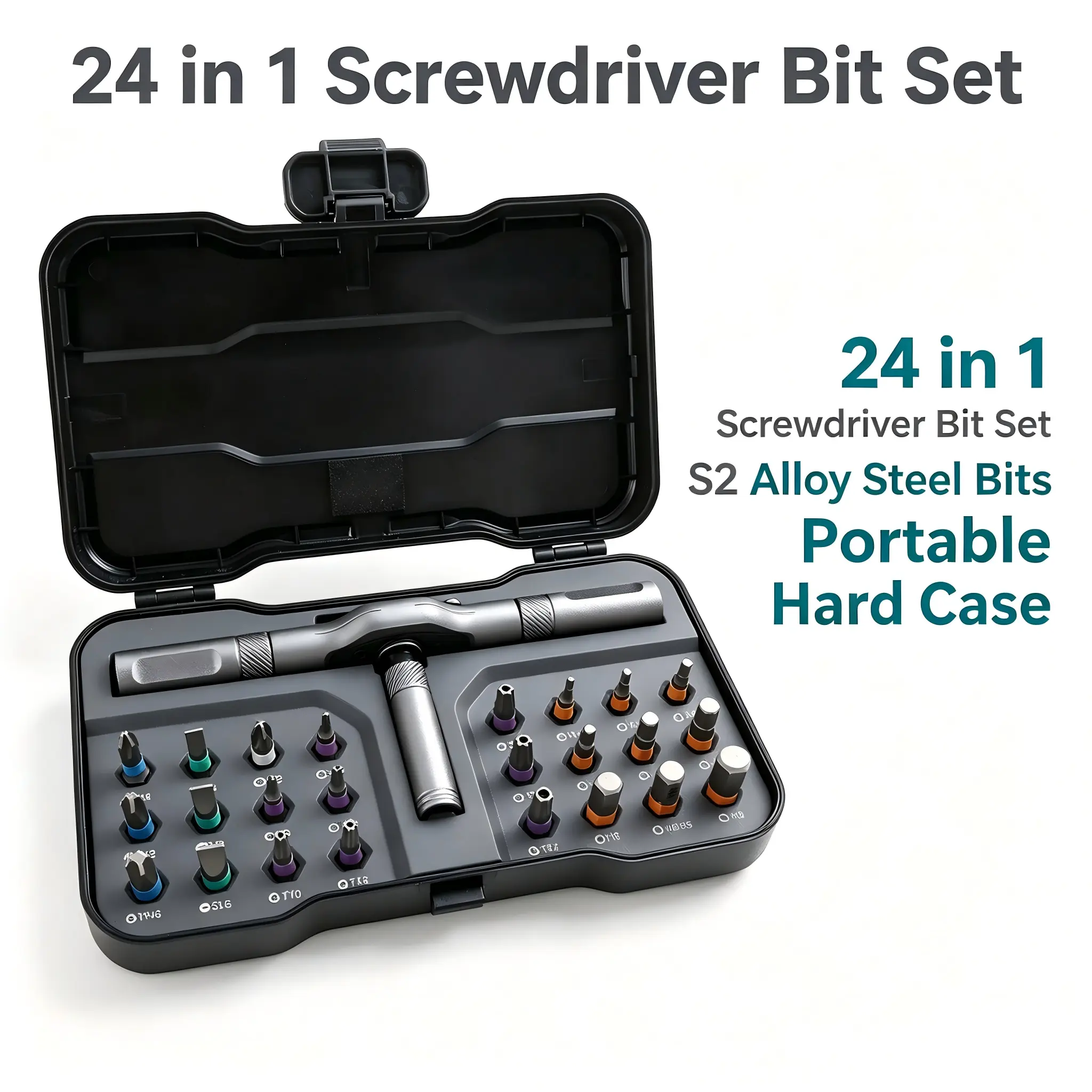 24-in-1 Precision Screwdriver Bit Set, S2 Alloy Steel Ratchet with T-Handle & Hard Storage Case, Multi-Function Repair Tool for Workshop, Motorcycle, Electronics & DIY Users