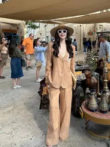 Bohemian linen V-neck coat & slacks