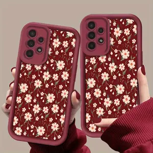 A Retro Red Background Small Floral Pattern Phone Case, TPU Shockproof Full Protection Case, Suitable for Samsung S21/22/23/24/25/NOTE20 PLUS ULTRA FE A13/14/15/16/17/33/34/35/36/52/53/54, Ideal Gift for Friends and Family, T211