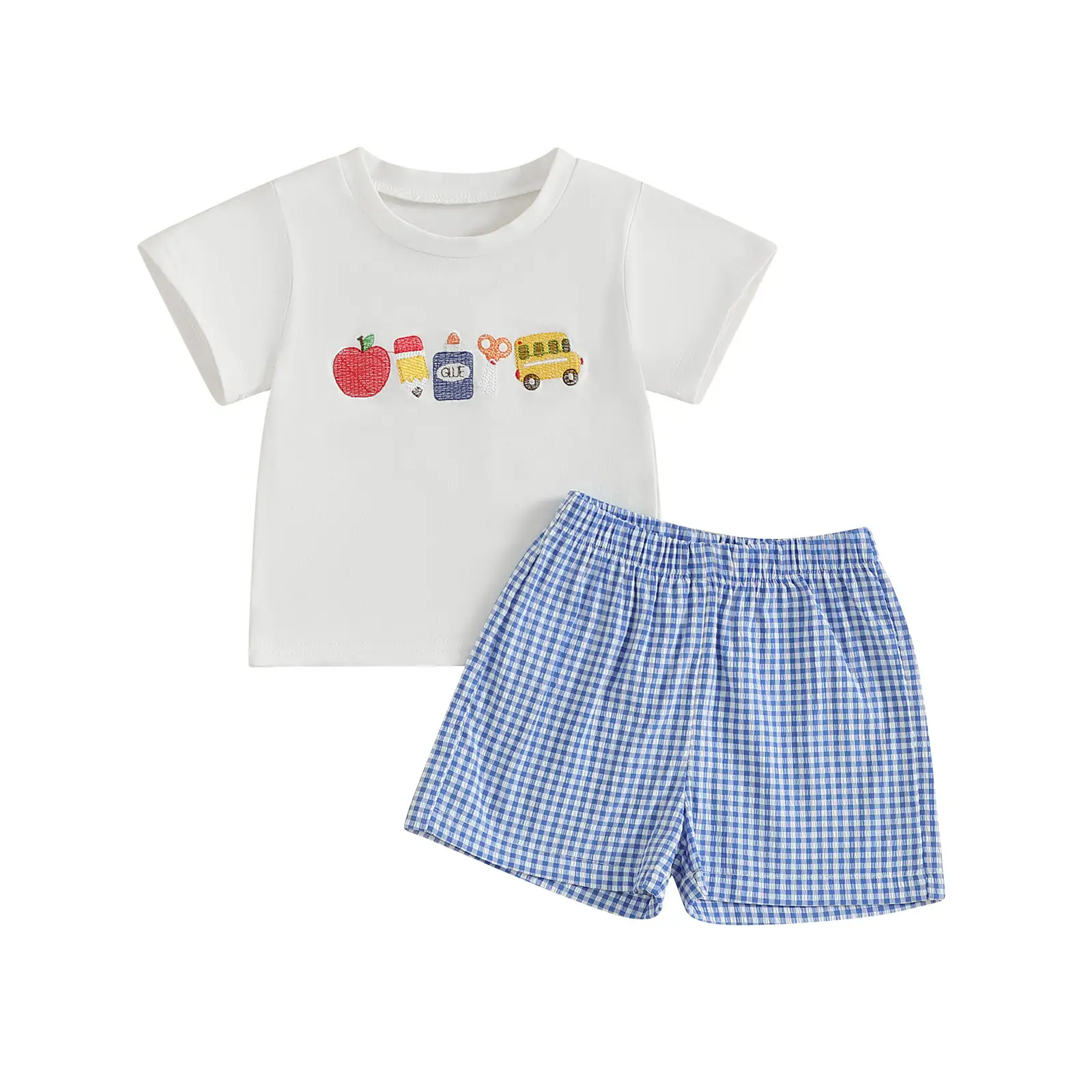Toddler Little Boy Back to School Outfit Apple Truck Embroidered Short Sleeve Tops Plaid Shorts 2 Piece Set
