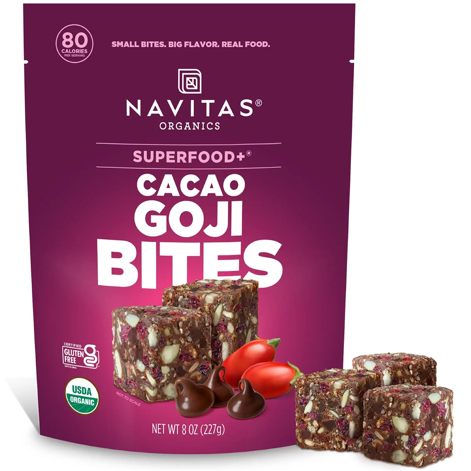 Navitas Organics Dark Cacao Goji Berry Superfood+ Chocolate Bites - 8oz Bag (11 Servings), Plant-Based Power Snacks for Kids, All-Natural Clean Energy & Nutrition, USDA Organic, Non-GMO, Gluten-Free, Soy-Free, Kosher, Vegan
