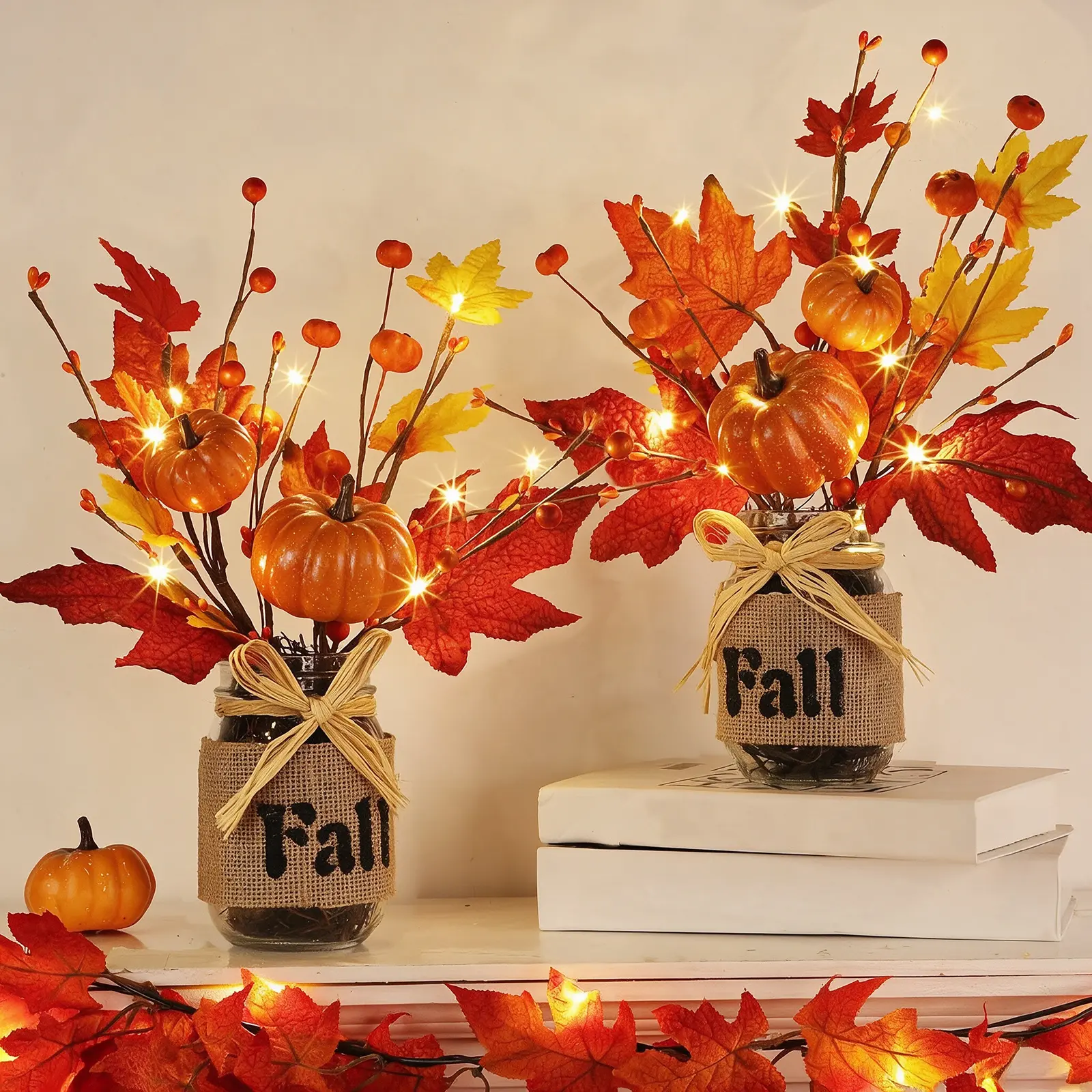 Timer - 2 Pack 13.5 Inch Mason Jar Fall Table Decor, Fall Table Centerpieces with 20 LED Lights, Fall Malple Leaves Pumpkins &  Berries, Cozy  Thanksgiving Autumn Table Decor for Dining Kitchen Office Home