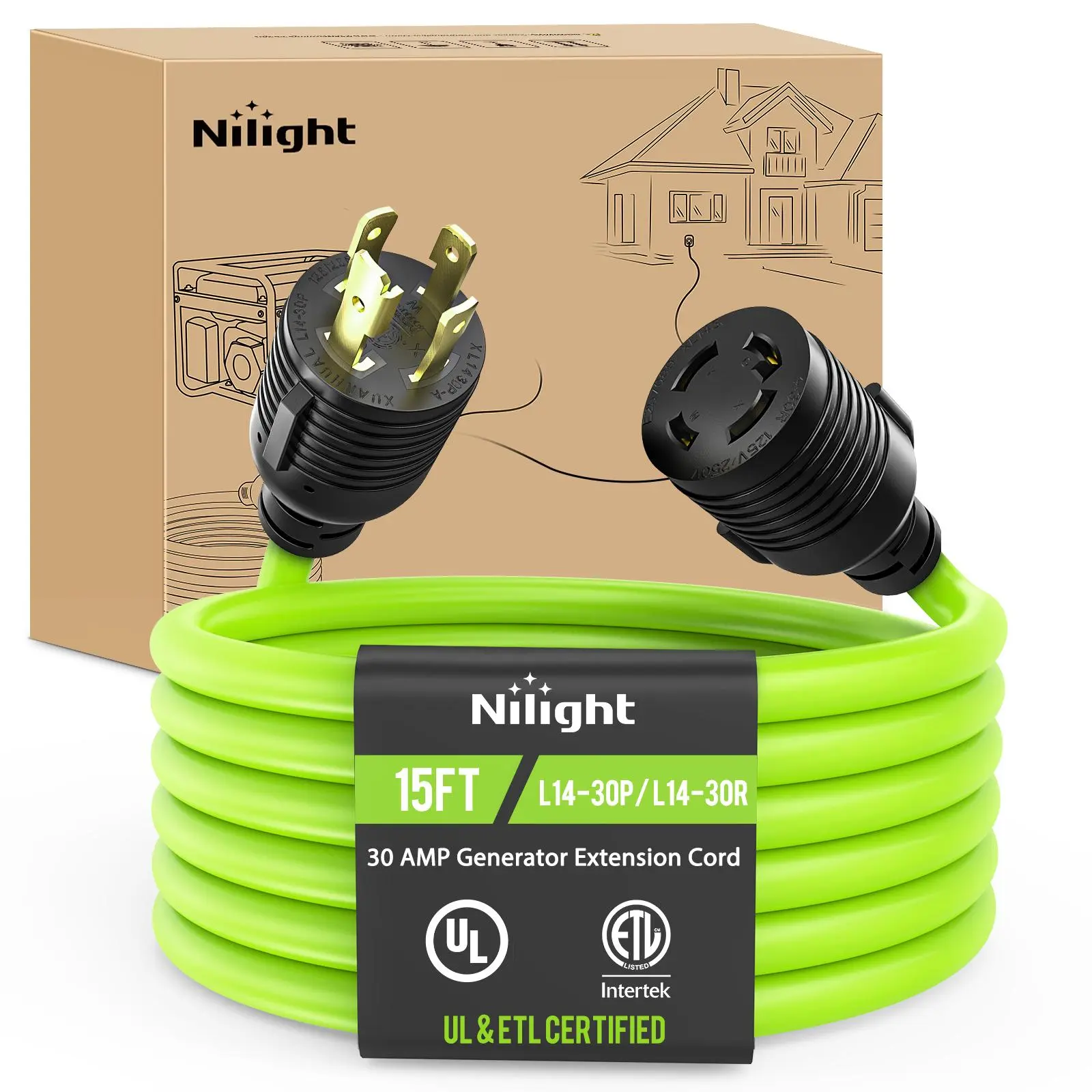 Nilight 30A 4-Prong Twist Lock Generator Extension Cord, 15FT 125V 3750W 10/3 Gauge Pure Copper STW Wire, UL ETL Listed, Bright Green, Flexible Weatherproof, Easy Store Adjustable Organizer, for Outdoor RV Trailer Houses Emergency Use