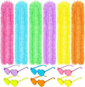12PCS Feather Boas Party Pack – 6 Colorful 6.6ft Feather Boas + 6 Heart Sunglasses, Fun Dress-Up Accessories for Birthday, Christmas, Bachelorette & Costume Party Decorations