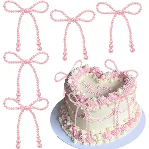 12Pcs Pink Pearl Bow Cake Topper Bow Dots Cake Decorations, Bowknot Pearl Bows Cupcake Toppers for Bow Themed Birthday Party Decorations Wedding Baby Shower Party Cake Decoration Supplies