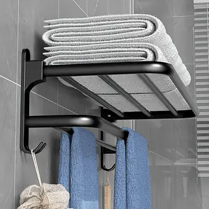 No Drilling Bathroom Wall Mounted Towel Rack Foldable Space Aluminum Storage Hanger Bathroom Accessory