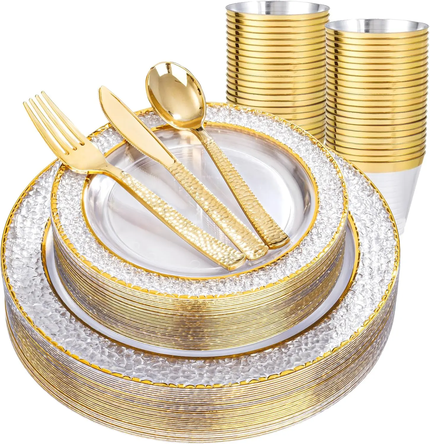 150Pcs Clear Plastic Plates with Gold Hammered Silverware include 25Dinner Plate, 25Dessert Plate, 25Knives, 25Forks, 25Spoons and 25Cups for Wedding & Parties & Thanksgiving
