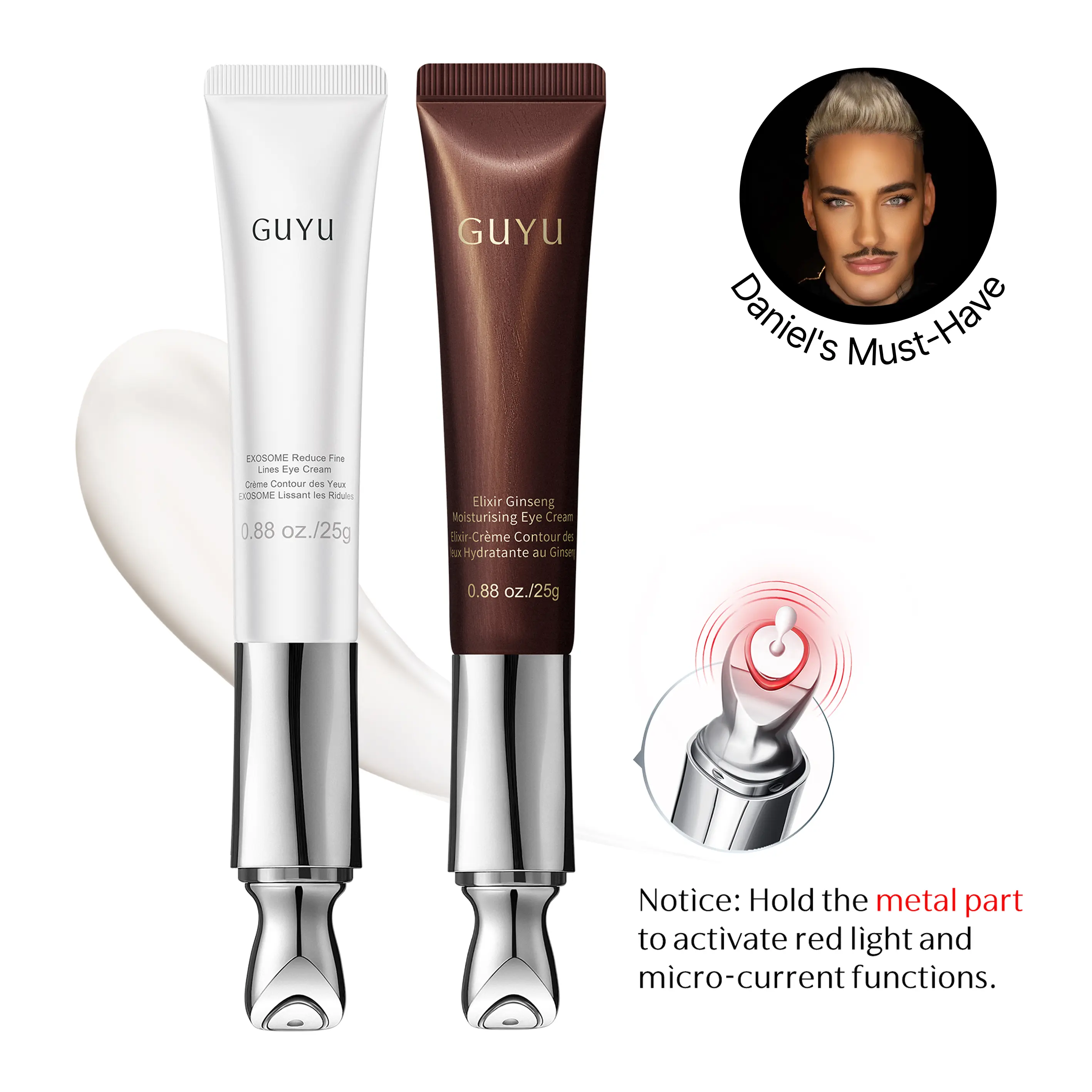 GUYU Day & Night Anti-Aging EMS Eye Cream Duo - 2-Piece Eye Cream Set PDRN, NAD+, HME, Caffeine, Collagen Peptides & Compound K, Microcurrent Eye Care for Dark Circles, Puffiness, Under-Eye Bags, Wrinkles & Fine Lines, Hydrating, Firming
