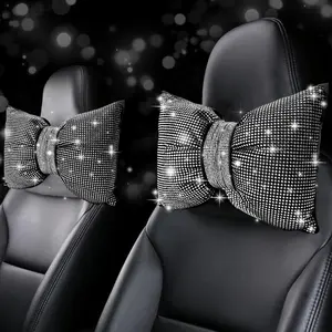 NBTEPEM 2 PCS Bling Bowknot Car Headrest Pillow, Rhinestone Car Neck Pillows for Driving, Bling Interior Accessories for Women Comfortable Neck Support Pillow