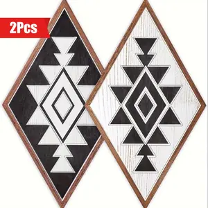 2pcs, Aztec Wall Decoration, 17x9 Inch Geometric Diamond Western Wood Wall Decoration, Vintage Farmhouse Decoration Aztec Sign Wall Artistic Living Room Bedroom Office Home