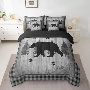 Feelyou 7-Piece Bear Bed-in-a-Bag, Breathable Duvet Set with Sheets, Rustic Cabin Lodge Style Bedroom Bedding Set, Decorative Farmhouse Nature Wildlife Buffalo Check Bedding, Decorative Bedding Set