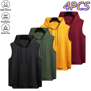 Men’s four-pack sleeveless hooded tank tops, minimalist sporty style, highly elastic, breathable, quick-drying, drawstring hood, curved hem; versatile for gym, commuting, and home wear.