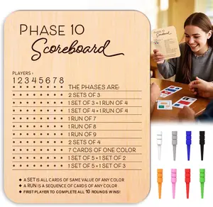 Wooden Ten Stage Scoreboard with Round Tracker - Phase 10 Scoring Board - Includes 8 Color Pins, Fun Table Top Game Accessory for Parties