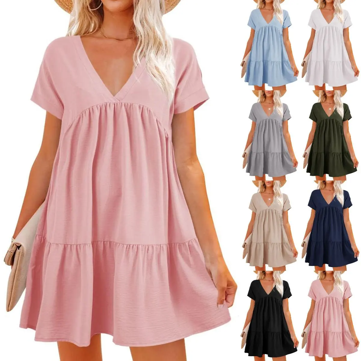 LAICIGO Women Summer Simple Style V Neck Flowy Babydoll Dress Comfy Loose  Fit Short Sleeve Mini Tunic Dress Beach Dresses - TikTok Shop