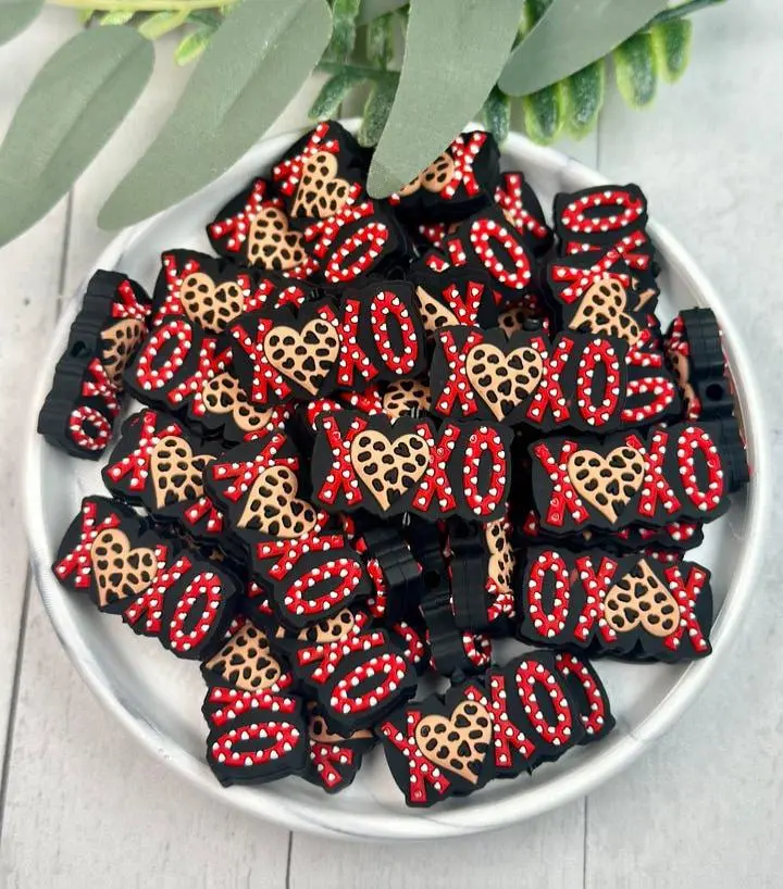2 Pack- Red Leopard XOXO Silicone Focal Bead, Valentine Focal