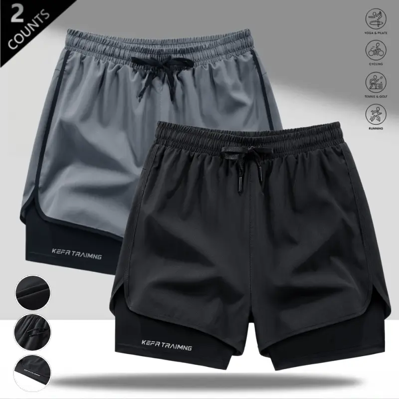 Men’s faux two piece quick dry breathable anti exposure training shorts for summer—loose fit with drawstring—casual streetwear style suitable for daily commuting and outdoor activities; lightweight, comfortable, and versatile.