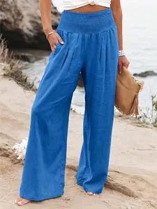 New Spring Summer European Style Casual Pants, Cotton Loose-Fitting Wide Leg Long Pants, Mid-Waist Natural Waist Solid Color