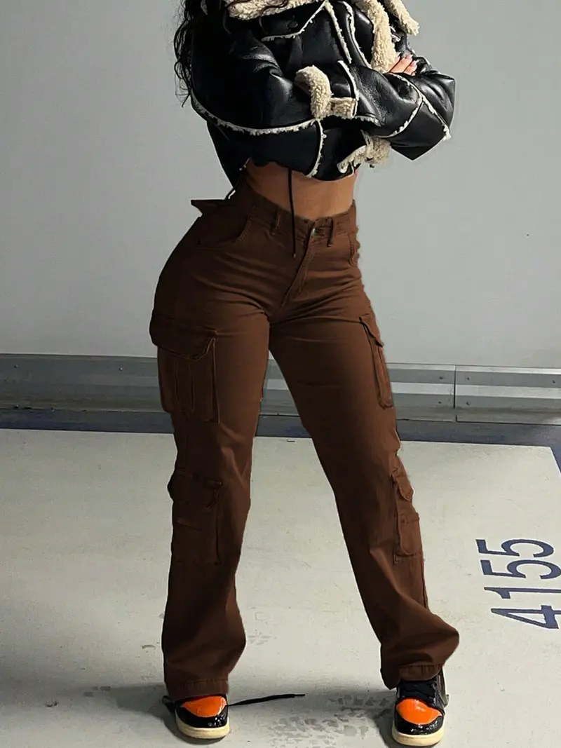 Cargo Pants Women High Waist Wide Leg Casual Pantswith 8 Pockets Brown Cargo Pants Women Y2K Style whaletail - 708321